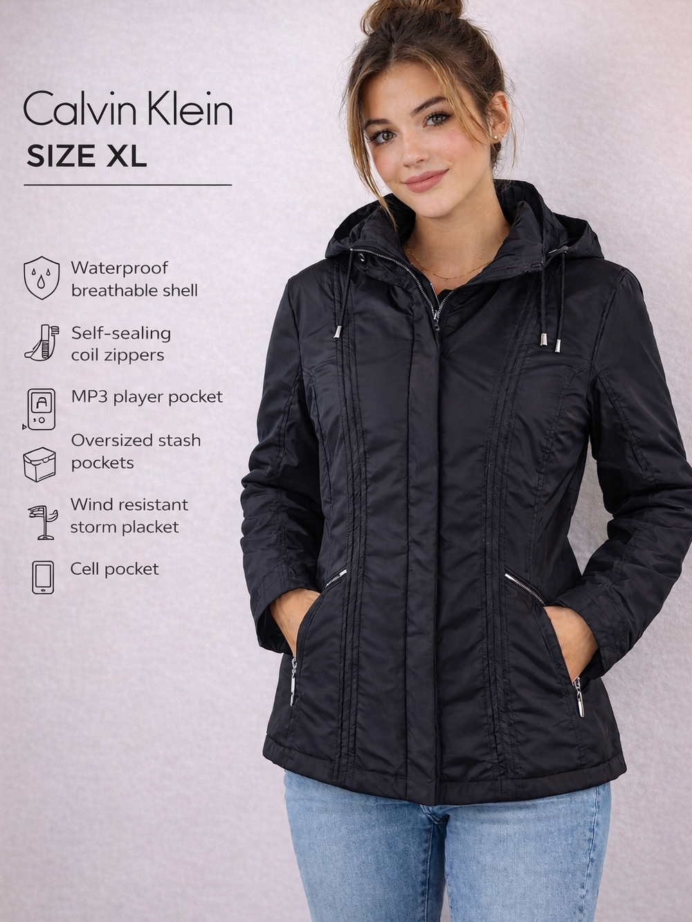 Calvin Klein Women’s Black Hooded Jacket Windbreaker Lightweight Utility Size XL